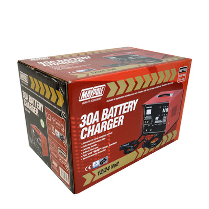 12/24V 30A metal battery charger ideal for workshop use. For all low maintenance and maintenance free 12/24v lead acid & AGM batteries MP750