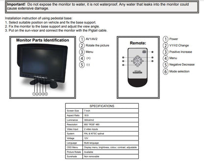 Reversing Camera Kit 12v Or 24v Dual Voltage, 7 inch Monitor With Night Vision Infrared Camera Ecco EC7010-K
