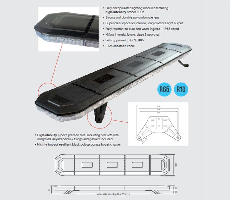 Led Clear Lens Slimline Amber Flashing Recovery Strobe Light Bar 4 Bolt Fixing 862mm Lightbar Roof Bar LA-B862 - Mid-Ulster Rotating Electrics Ltd