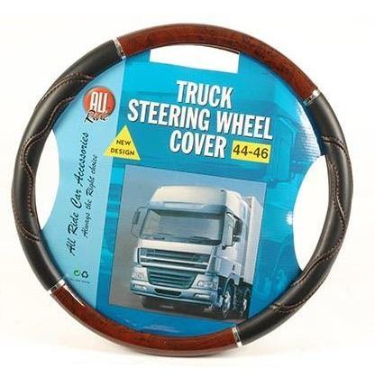 Two-tone black leather and brown wood grain truck steering wheel cover by All Ride Car Accessories