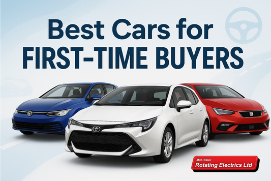 Three new cars blue white and red representing the best cars for first-time buyers from MURE