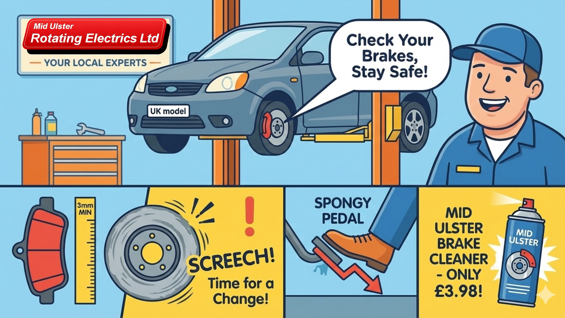 A cartoony, informative infographic for Mid Ulster Rotating Electrics showing car brake safety tips: checking for 3mm pad thickness, listening for screeching noises, and highlighting a deal on brake cleaner.