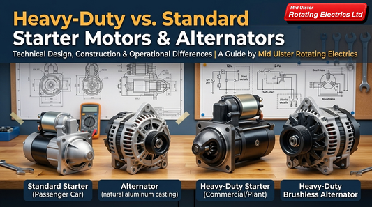 Technical comparison of heavy-duty 24V starter motor and high-output alternator for Mid Ulster Rotating Electrics