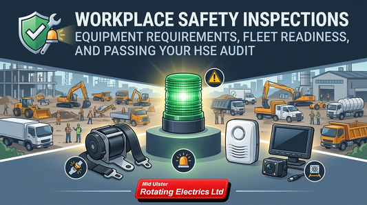 Professional blog banner titled 'Workplace Safety Inspections,' featuring a green beacon, seatbelt kit, and construction machinery scene.