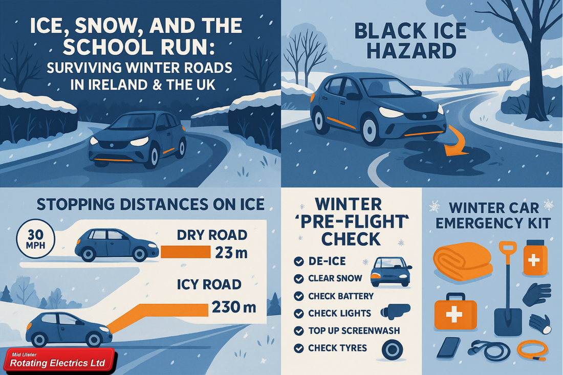 A cartoon-style winter scene showing a car driving down an icy rural road in Ireland/UK, surrounded by snow-covered hedges and trees. Large text reads: “Ice, Snow, and the School Run: Surviving Winter Roads in Ireland & the UK.”