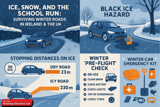 A cartoon-style winter scene showing a car driving down an icy rural road in Ireland/UK, surrounded by snow-covered hedges and trees. Large text reads: “Ice, Snow, and the School Run: Surviving Winter Roads in Ireland & the UK.”