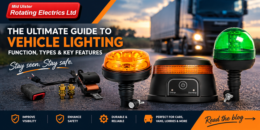 Mid Ulster Rotating Electrics vehicle lighting guide featuring amber and green LED warning beacons