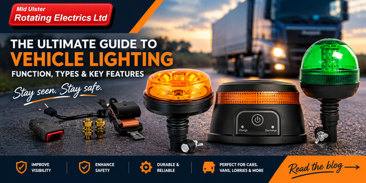 Mid Ulster Rotating Electrics vehicle lighting guide featuring amber and green LED warning beacons