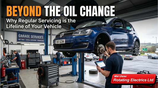banner for a blog about car servicing showing a mechanic fixing a wheel of a car
