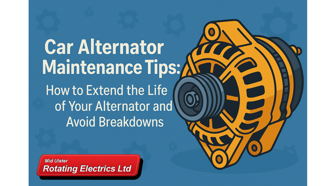 Cartoon-style alternator illustration in orange and black on a dark background, with the text ‘Car Alternator Maintenance Tips: How to Extend the Life of Your Alternator and Avoid Breakdowns’ and the Mid Ulster Rotating Electrics logo.