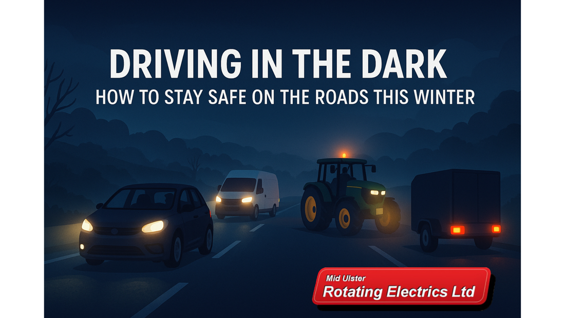 Cartoon-style illustration of a dark UK country road at night showing cars, a van, and a tractor with bright headlights and beacon lights cutting through fog, representing safe winter driving.
