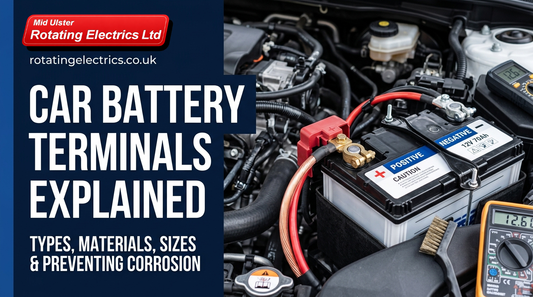 Car battery installed in engine bay with testing equipment and banner text reading Car Battery Terminals Explained by Mid-Ulster Rotating Electrics
