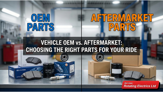 Comparison image showing OEM parts versus aftermarket parts in a workshop setting, with brake pads, oil filters, spark plugs and boxed components, used for a blog about choosing the right vehicle parts by Mid Ulster Rotating Electrics.
