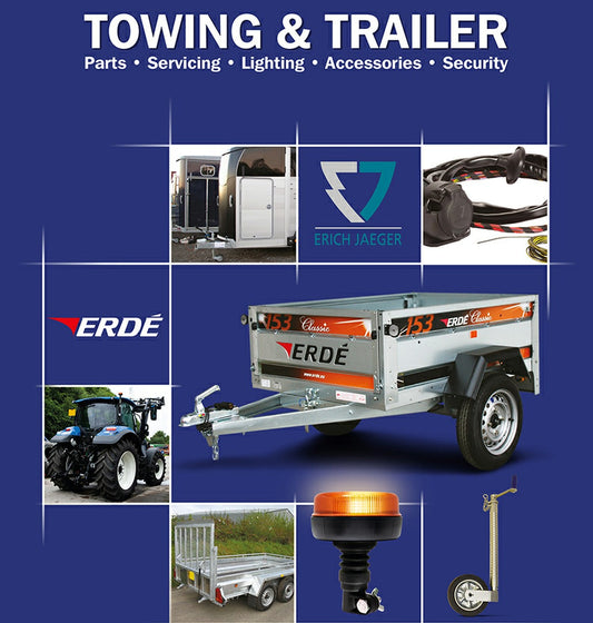 Collection of towing and trailer parts including an ERDE Classic trailer a tractor an orange beacon and various