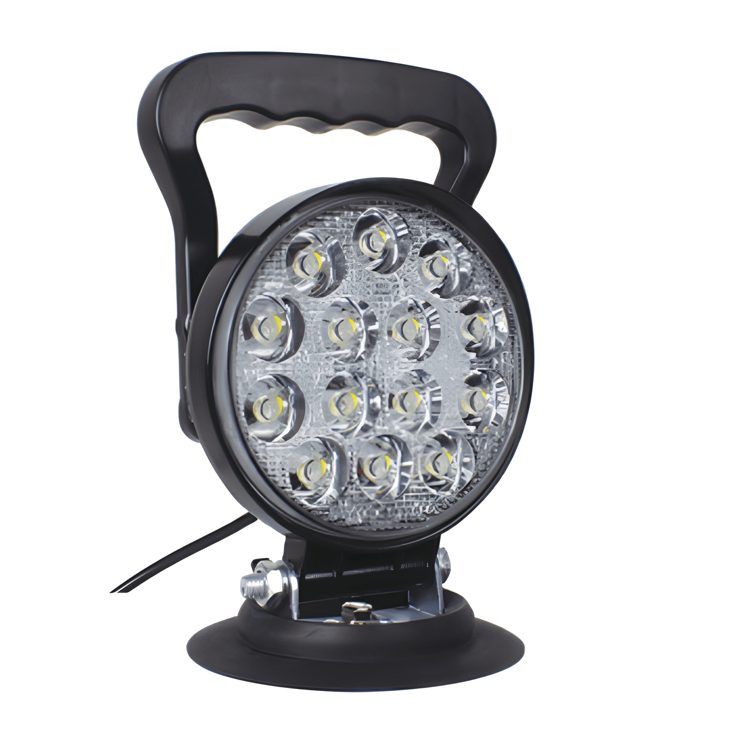 Three-quarter view of the WL100M LED mag lamp showing the textured lens and heavy-duty black housing.