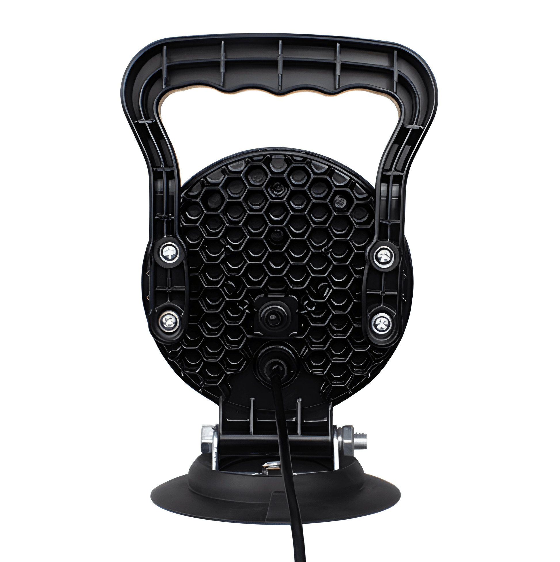 Rear view of the WL100M work light highlighting the honeycomb heat-sink design for cooling and the power cable entry.