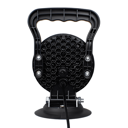 Rear view of the WL100M work light highlighting the honeycomb heat-sink design for cooling and the power cable entry.