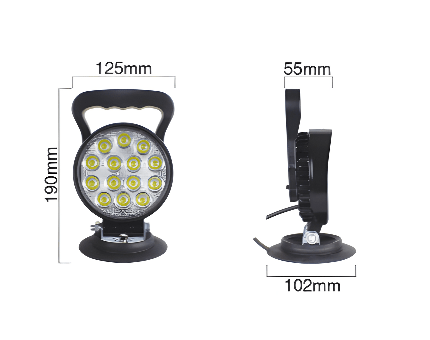 Technical drawing of the WL100M work lamp showing dimensions: 190mm height, 125mm width, and 102mm magnetic base diameter.