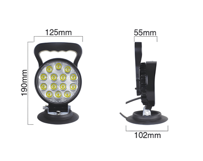 Technical drawing of the WL100M work lamp showing dimensions: 190mm height, 125mm width, and 102mm magnetic base diameter.