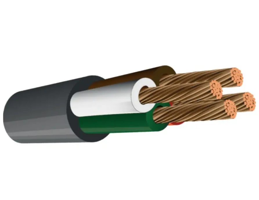 Cross-section of a cable with copper wires and insulation on a white background