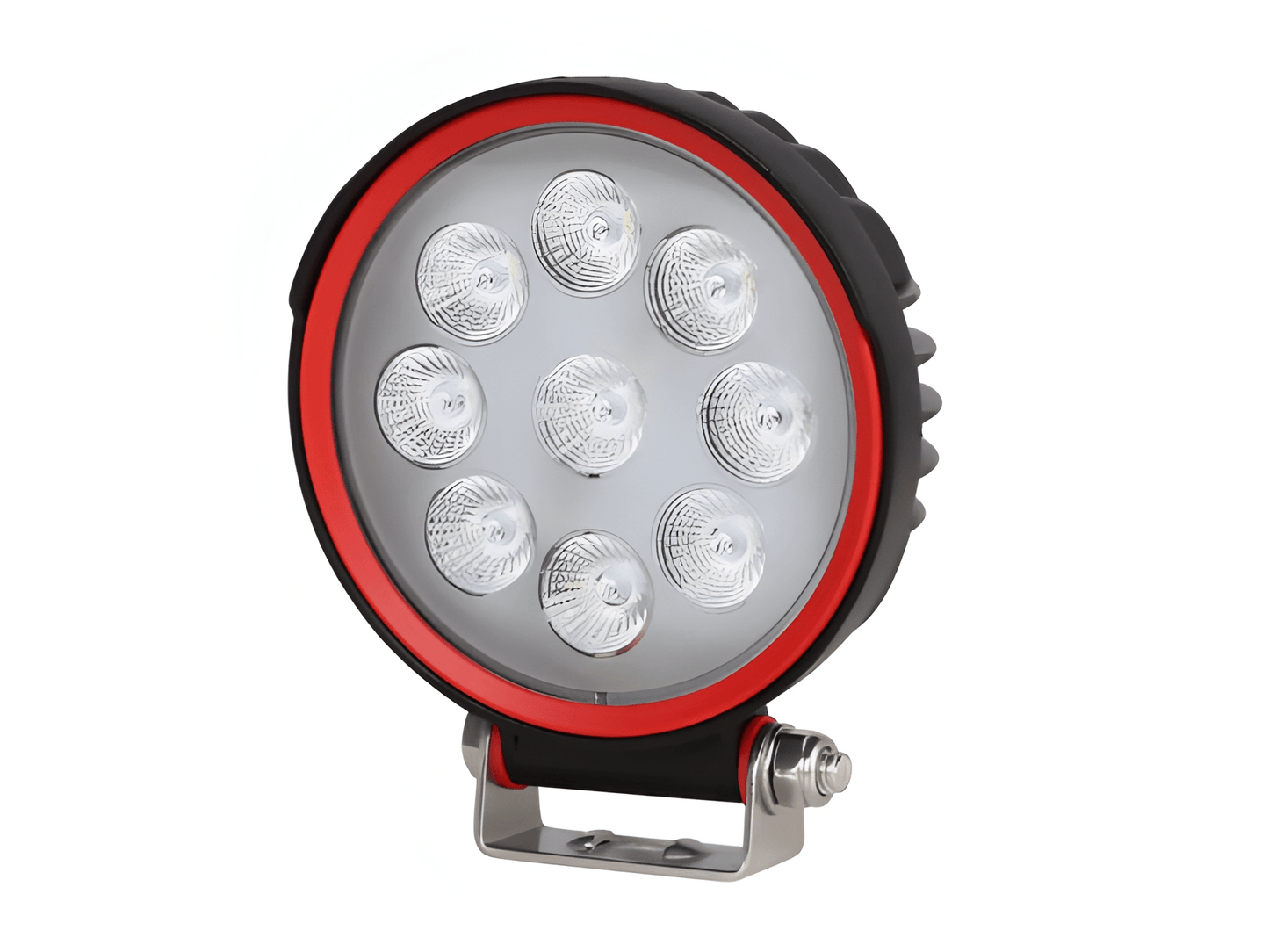 Daltec D-LIG-04008 27W round LED work lamp angled left, 2430 lumens, IP67 waterproof.