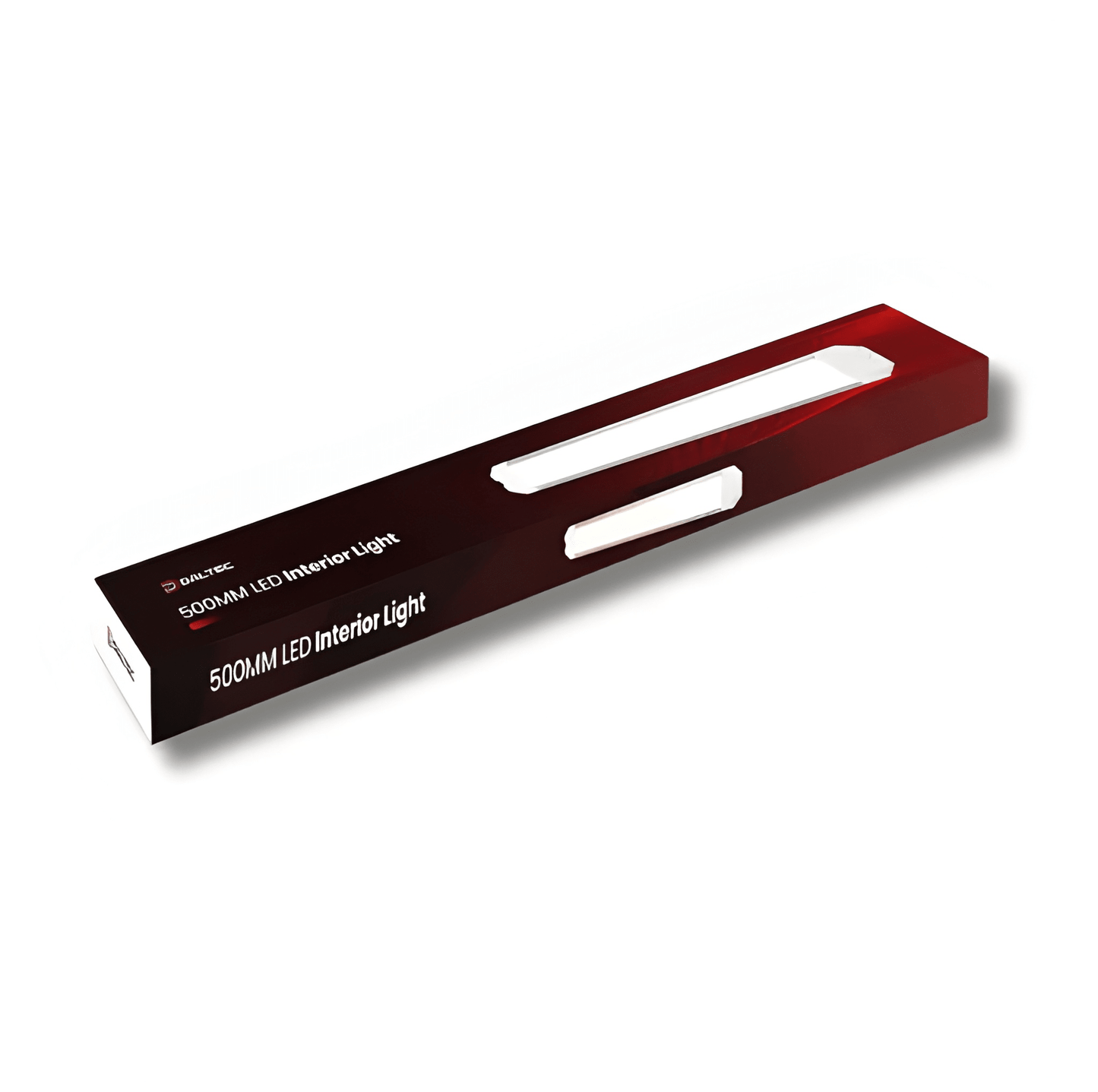 A long, slim LED interior light fixture shown in its retail packaging, angled diagonally on a clean white background. The box is dark red and black with white text reading '500MM LED Interior Light' and the brand 'DALTEC' visible on the side.