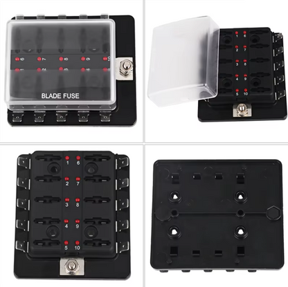 Black blade fuse box with multiple fuse slots on a white background