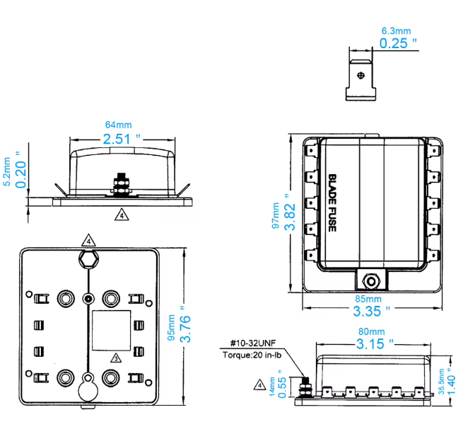 Technical drawing of a 10 way Blade Fuse with dimensions labeled