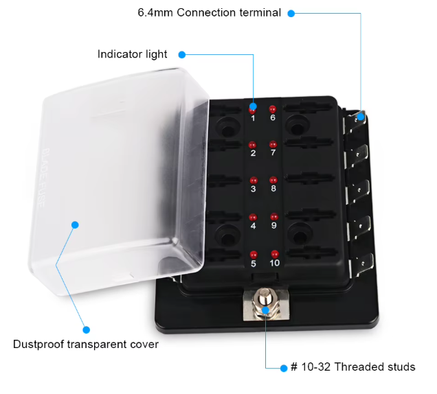 Black fuse block with labeled components on a white background