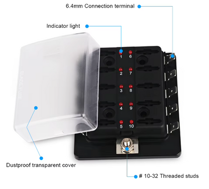Black fuse block with labeled components on a white background
