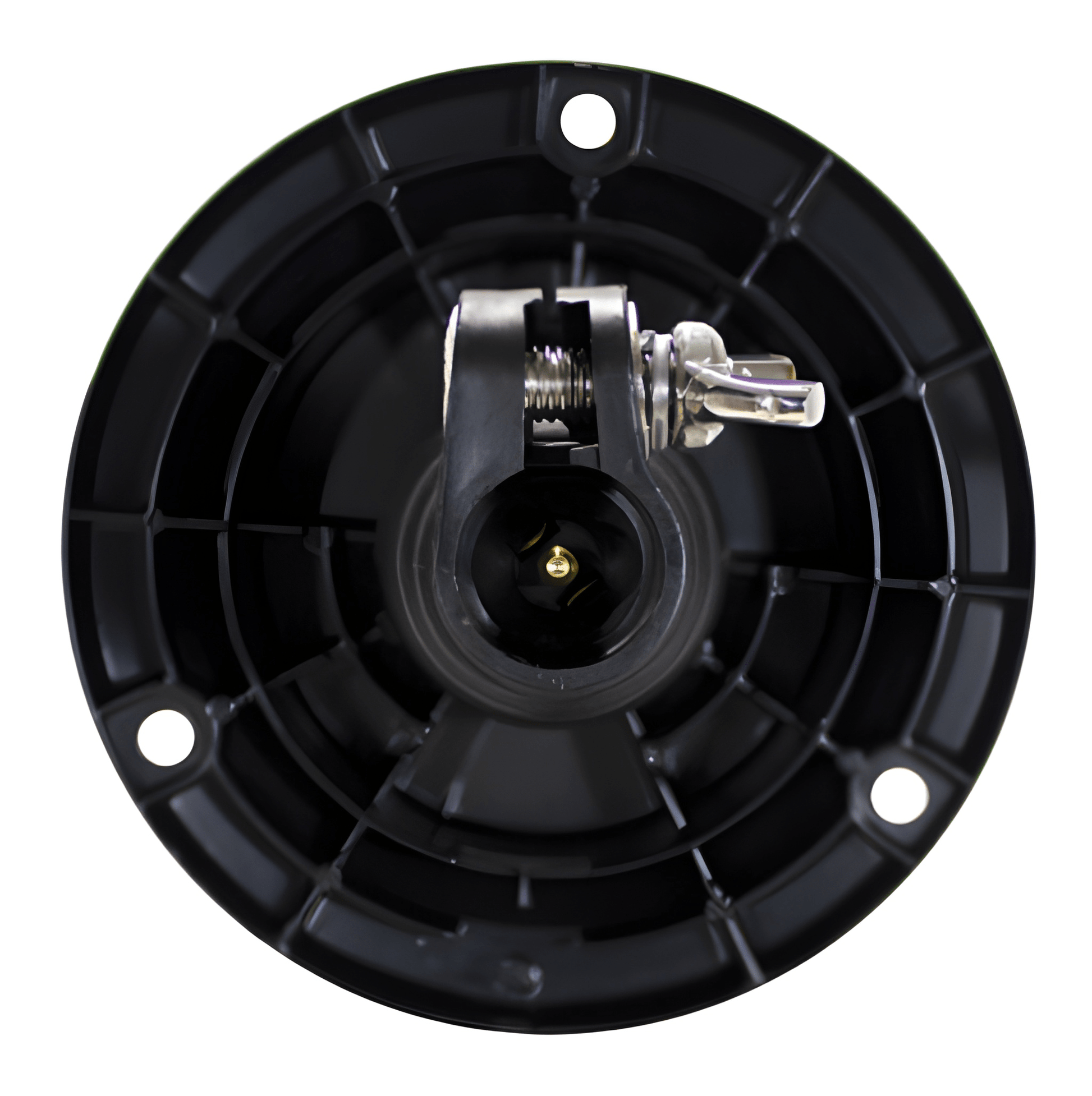 Bottom view of the Guardian AMB727 beacon showing the heavy-duty spigot mounting assembly with wing-nut tightening and electrical contact point.