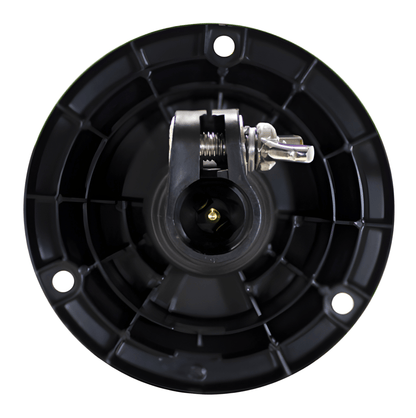 Bottom view of the Guardian AMB727 beacon showing the heavy-duty spigot mounting assembly with wing-nut tightening and electrical contact point.