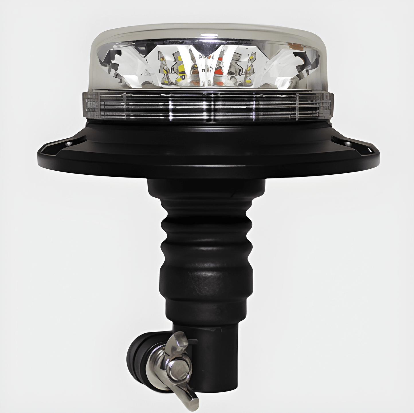Guardian AMB727 low profile multi-colour LED beacon with spigot fixing, clear lens, and integrated selectable Amber, Green, Red, and Purple LEDs.