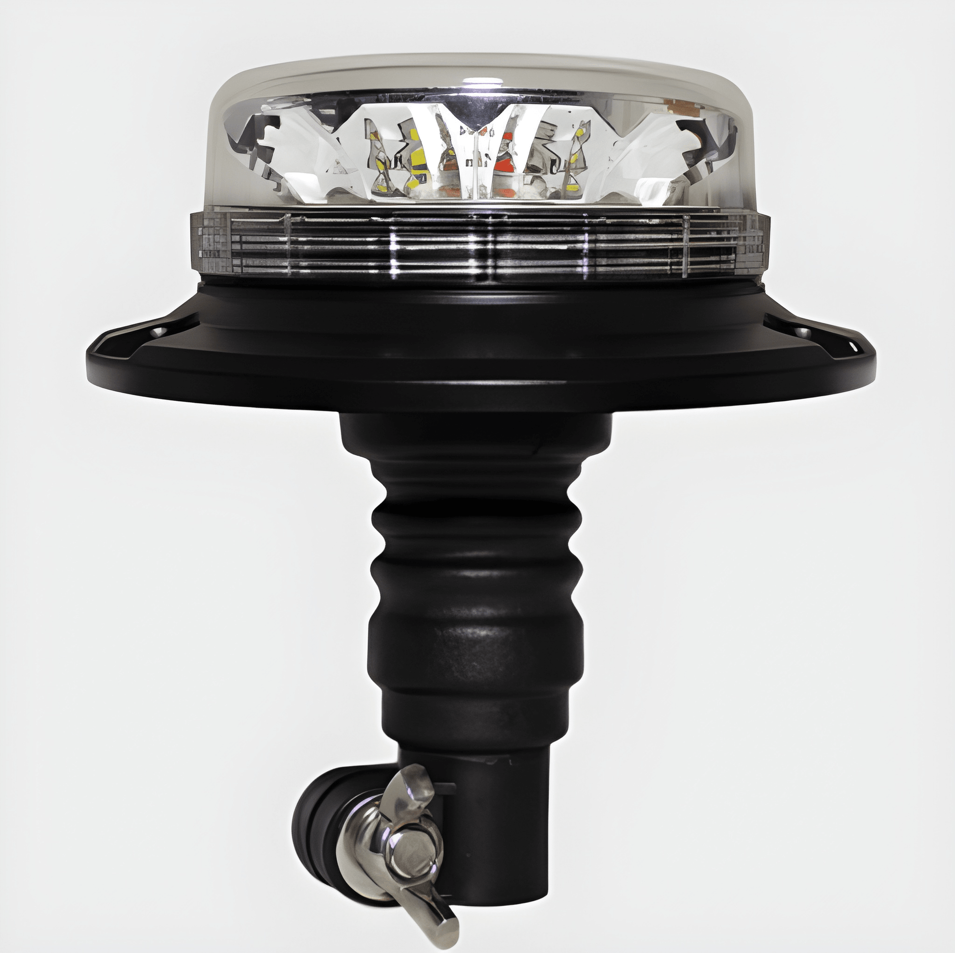 Guardian AMB727 low profile multi-colour LED beacon with spigot fixing, clear lens, and integrated selectable Amber, Green, Red, and Purple LEDs.