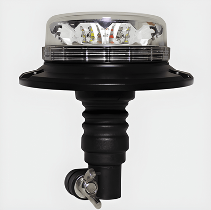 Guardian AMB727 low profile multi-colour LED beacon with spigot fixing, clear lens, and integrated selectable Amber, Green, Red, and Purple LEDs.