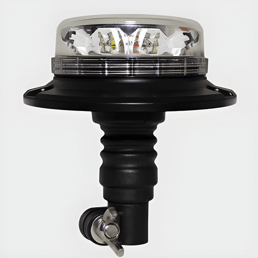 Guardian AMB727 low profile multi-colour LED beacon with spigot fixing, clear lens, and integrated selectable Amber, Green, Red, and Purple LEDs.