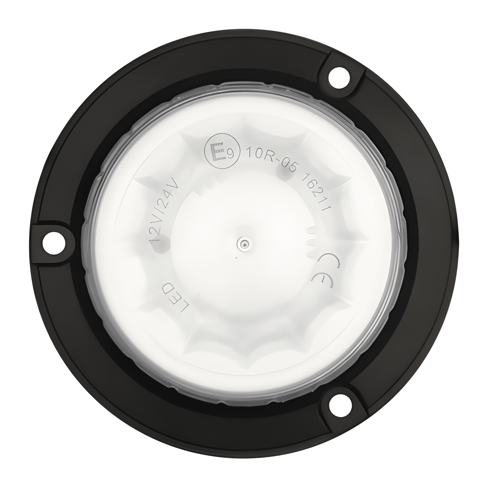 Aerial view of the AMB727 LED beacon lens showing ECE R10 and CE approval markings for 12V and 24V vehicle use.