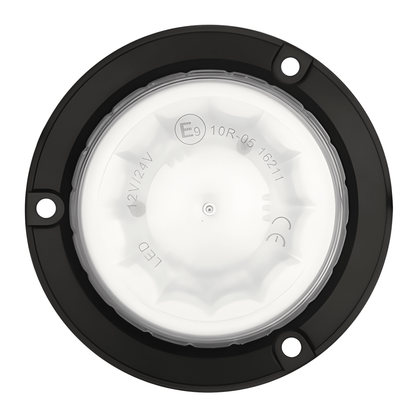Aerial view of the AMB727 LED beacon lens showing ECE R10 and CE approval markings for 12V and 24V vehicle use.