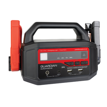Three-quarter view of the JP6 2500A jump starter showing the integrated carrying handle and front interface panel.