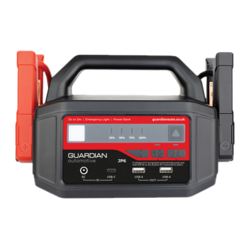 Guardian JP6 heavy-duty booster pack with 12V and 24V selector buttons and digital battery percentage display.