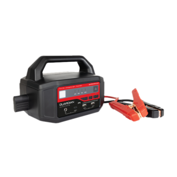 Guardian JP6 booster pack with heavy-duty red and black jumper clamps connected, highlighting its portable jump-starting capability.