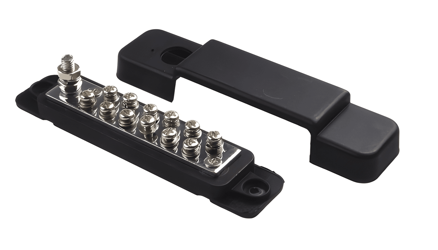 Three-quarter view of the MURE BB120DB distribution block with the cover partially removed, showing the high-current 180A brass terminal bar.