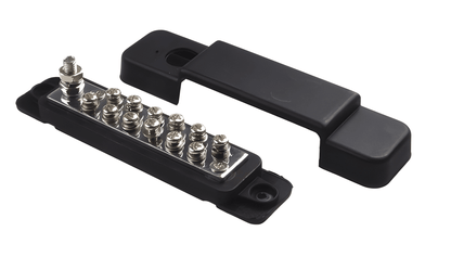 Three-quarter view of the MURE BB120DB distribution block with the cover partially removed, showing the high-current 180A brass terminal bar.