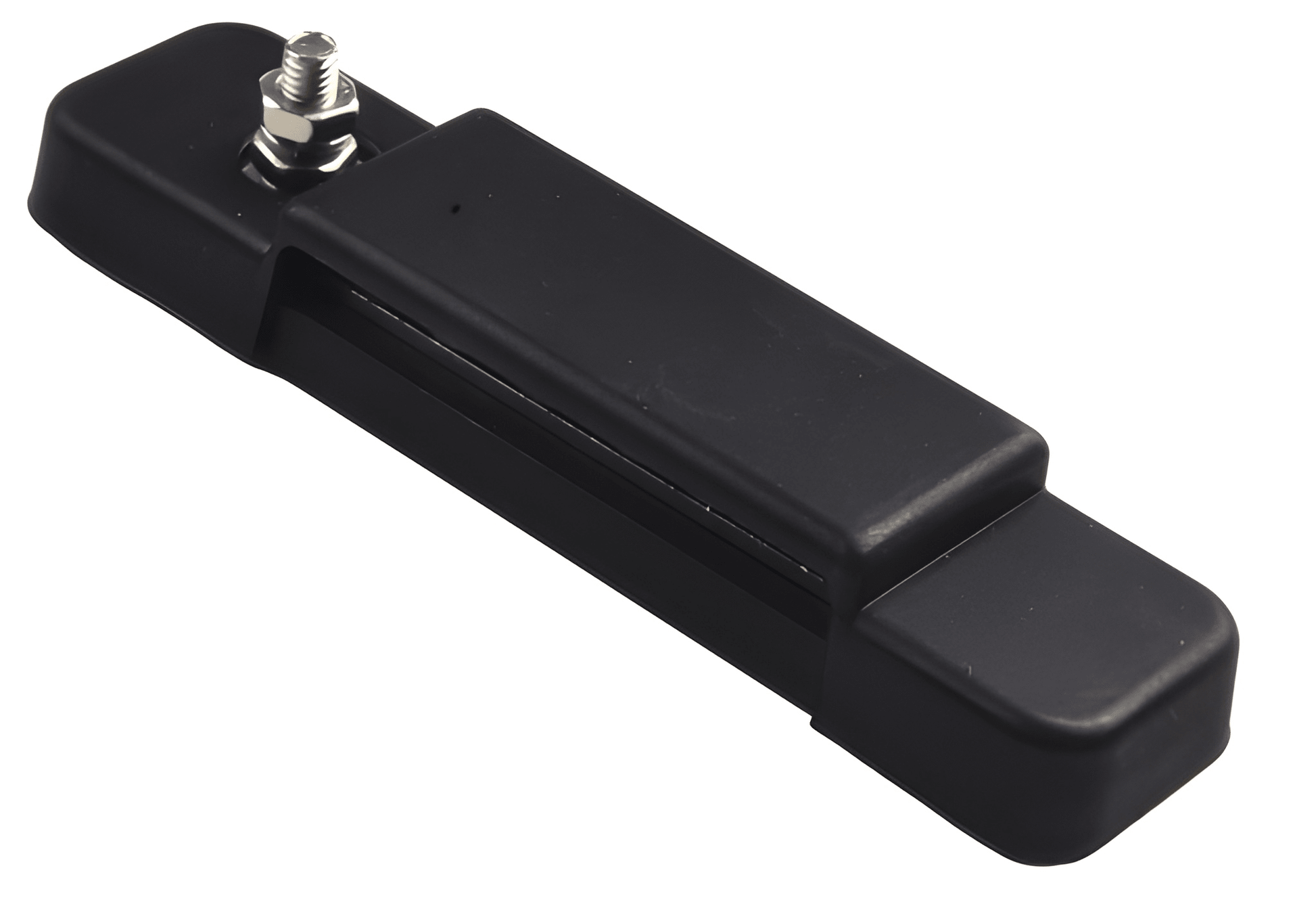 Angled view of the fully assembled black power block, demonstrating the sleek, low-profile design for compact wiring in vehicle engine bays or marine cabins.