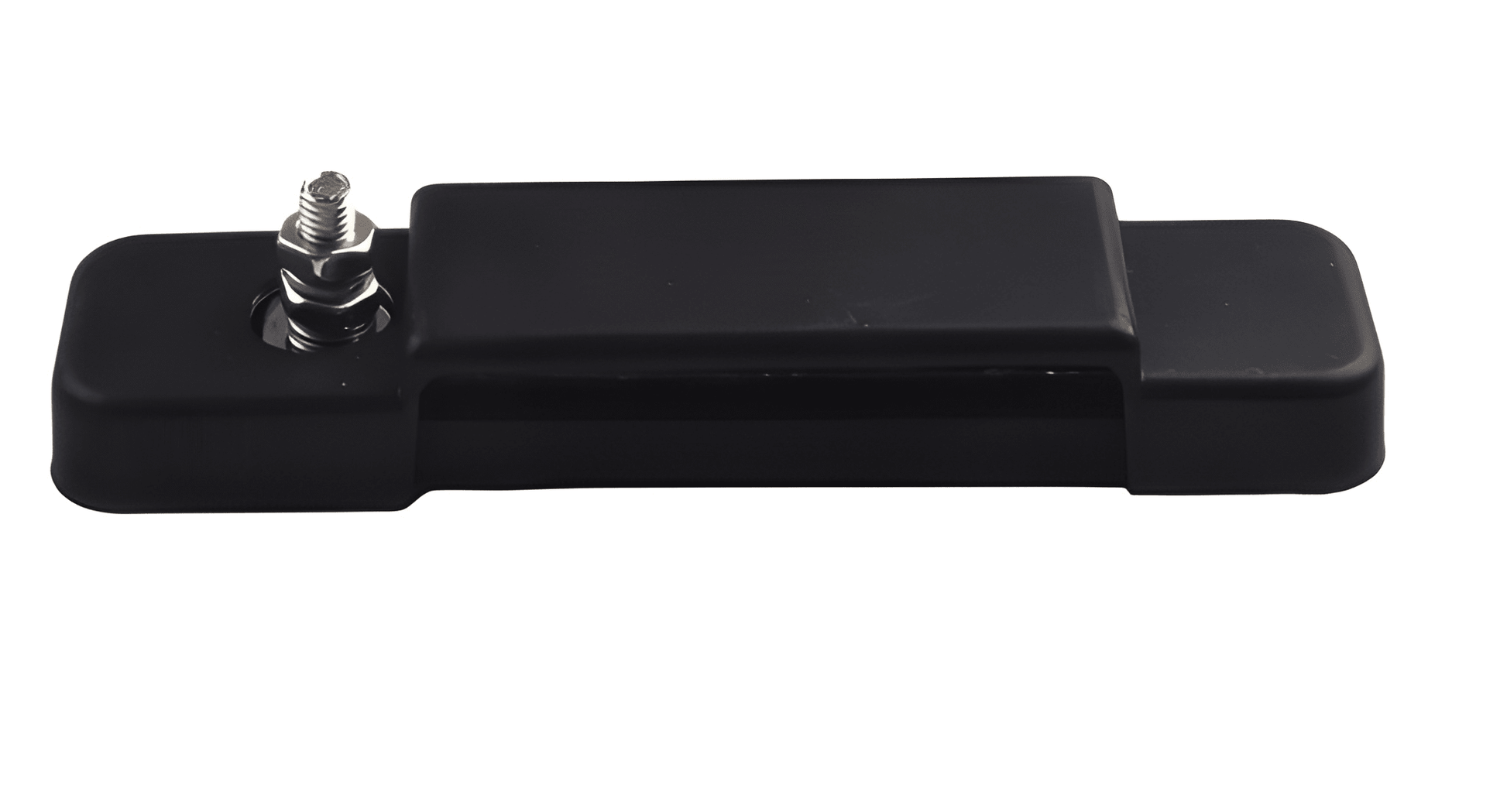 Side profile view of the black distribution block with the protective ABS cover installed, highlighting the single-point main power stud.