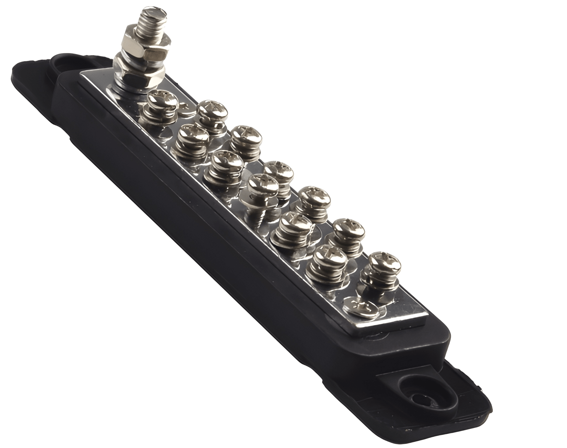 Close-up perspective of the bare 12-point brass bus bar, highlighting the high-quality screw terminals and the main 180A single-point stud.