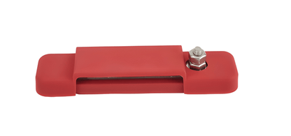 Side profile view of the red protective ABS cover for the 12-point bus bar, showing the cut-out for main stud access.
