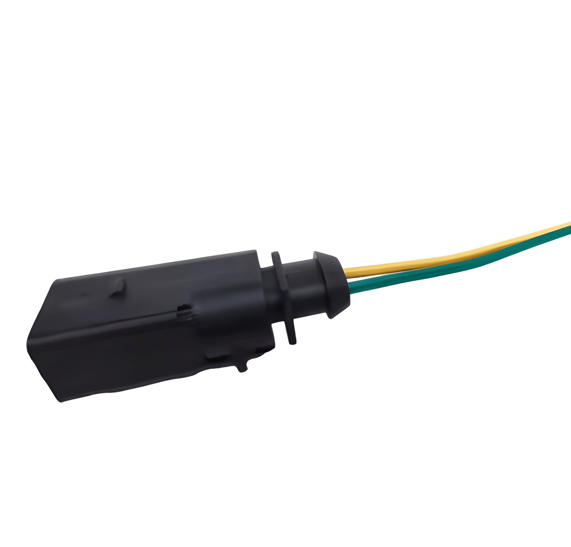 Profile view of a single 2-pin female electrical connector showing the weather-sealed pigtail harness and color-coded wiring for 12V/24V truck side marker lamps.