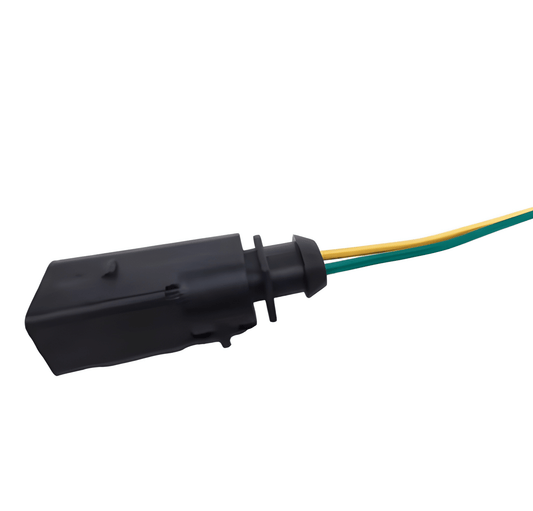 Profile view of a single 2-pin female electrical connector showing the weather-sealed pigtail harness and color-coded wiring for 12V/24V truck side marker lamps.