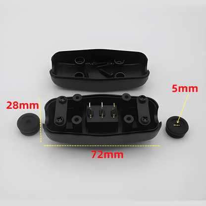 Black plastic electronic casing shown open, with two small round black caps beside it and red dimension labels indicating 28mm, 72mm, and 5mm